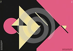 Geometric composition featuring bold shapes in black, pink, and