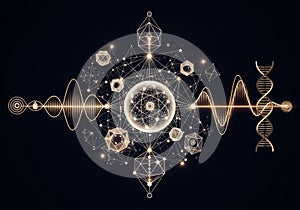 Geometric composition featuring interconnected shapes and symbols