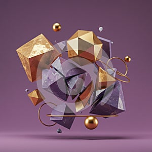 Geometric composition featuring various polyhedrons, including cubes, tetrahedrons, photo
