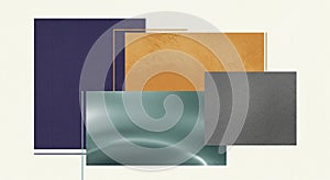 Geometric composition with four overlapping rectangles on a light background. The