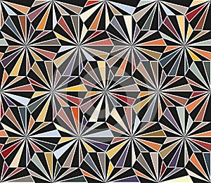 Geometric composition of hexagons made from multicolored and black triangles. Mosaic style design. Retro colors. Seamless pattern.