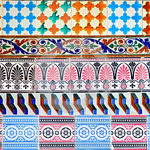 Geometric composition with old colorful tiles made in Seville, Spain