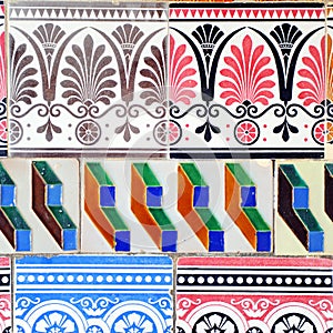 Geometric composition with old colorful tiles made in Seville, Spain