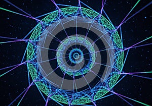 A geometric, concentric pattern of neon lines forms a digital web