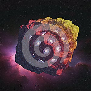 Geometric, cosmic structure floating in space, featuring a complex pattern of