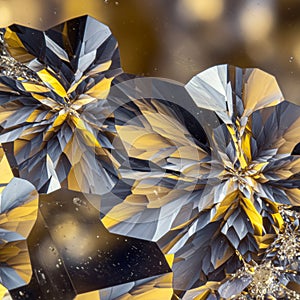 Geometric crystal structures with sharp, angular facets in shades of blue, gray, and