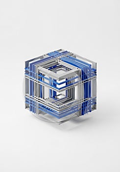 A geometric, cube-like structure composed of interlocking blue and