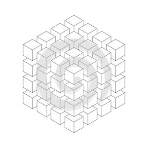 Geometric cube of smaller isometric cubes. Abstract design element. Science or construction concept. Black outline 3D