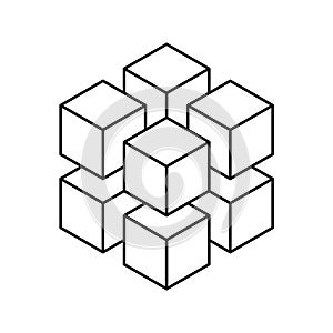 Geometric cube of 8 smaller isometric cubes. Abstract design element. Science or construction concept. Black outline 3D