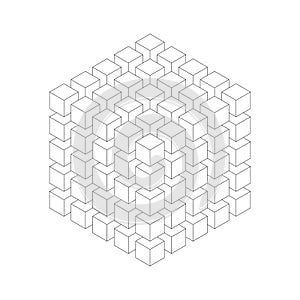 Geometric cube of smaller isometric cubes. Abstract design element. Science or construction concept. Black outline 3D