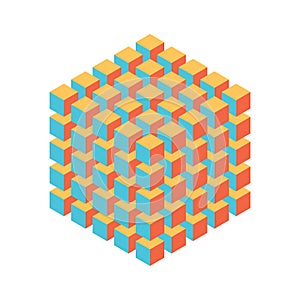Geometric cube of smaller isometric cubes. Abstract design element. Science or construction concept. 3D vector object