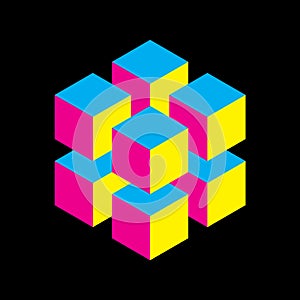 Geometric cube of 8 smaller isometric cubes in CMYK colors. Abstract design element. Science or construction concept. 3D