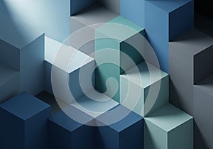 Geometric 3D composition featuring a series of interlocking cubes in shades of blue,