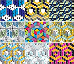 Geometric 3d lines abstract seamless patterns set, vector backgrounds cubes collection. Technology style engineering line drawing