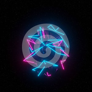 Geometric 3D shape featuring sharp, angular forms with neon blue and pink lines on a