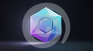 Geometric 3D shape with a hexagonal pattern on one face, set against a dark