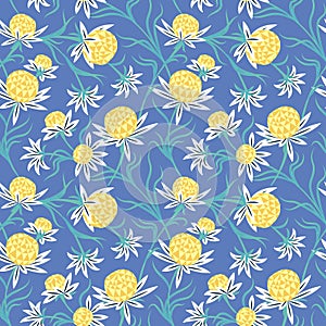 Geometric daisies on blue