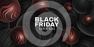 Geometric design for Black Friday sale. Vector 3d spheres with red glittering wavy striped pattern. Bubbles background. Dynamic