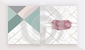 Geometric design cards with marble and rose gold foil brush stroke watercolor texture. Trendy templates for banner, flyer, poster,
