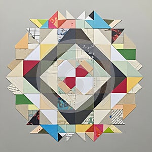 Geometric design composed of colorful triangular and square paper shapes arranged