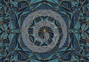 Geometric design features a complex network of triangular shapes, creating a pattern with a central