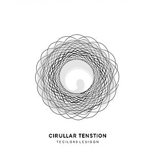 A geometric design features overlapping black lines creating a circular, spiral pattern