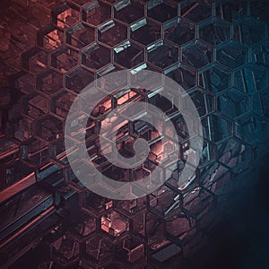 Geometric design featuring a complex pattern of interlocking hexagons, creating