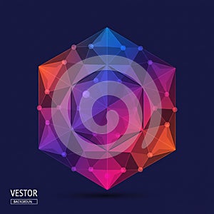 A geometric design featuring a 3D hexagonal shape composed of interconnected