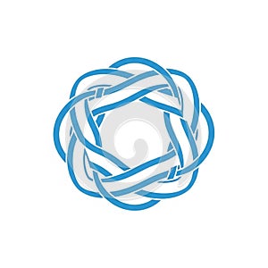 A geometric design featuring an interwoven blue knot with a circular shape