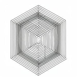 Geometric design featuring a series of concentric, three-dimensional hexagons. Each