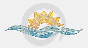 Geometric design featuring a stylized sun and waves. The sun is compos