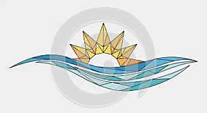 Geometric design featuring a stylized sun and waves. The sun is compos