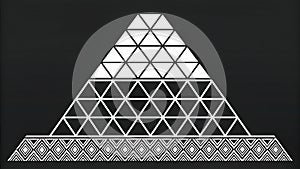Geometric design featuring a triangular structure composed of interconnected white triangles on a black background.