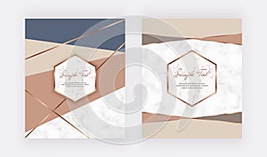 Geometric design with nude, brown and blue colors triangles shapes and golden lines. Trendy templates for wedding invitation, bann