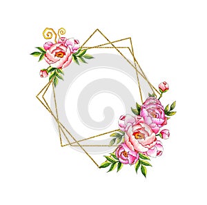 Geometric diamond frame with pink peonies in watercolor