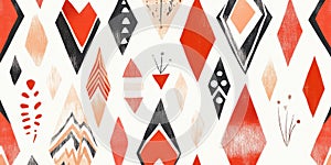 Geometric diamond pattern with red black beige abstract shapes