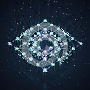 Geometric digital artwork featuring a network of interconnected nodes
