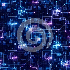 Geometric digital pattern featuring interconnected blue and purple squares