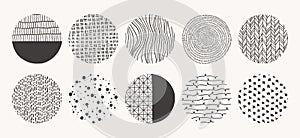 Geometric doodle shapes of spots, dots, circles, strokes, stripes, lines. Set of circle hand drawn patterns. Vector