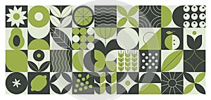 Geometric eco green pattern. Abstract food fruit plant simple shapes, minimal natural agriculture banner. Vector design