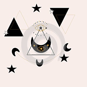 Geometric elements and gold and black celestial elements, vector illustration