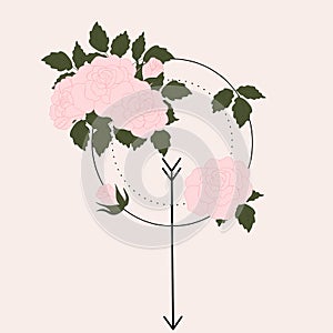 Geometric elements and pink rose bouquet, illustration