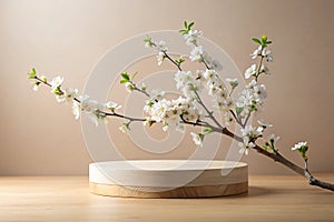 Geometric empty podium wooden platform stand for product presentation and spring flowering tree branch with white flowers on photo