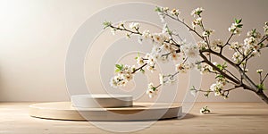 Geometric empty podium wooden platform stand for product presentation and spring flowering tree branch with white flowers on photo