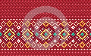 Geometric ethnic pattern, Vector pixel illustration pattern style, Red pattern surface background