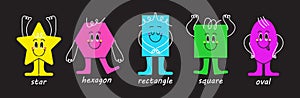 Geometric figures with funny face, cute creations with emotions. Different shapes set vector for chilfren edication photo