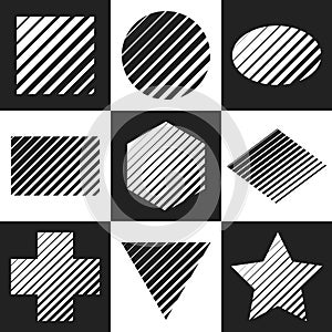 Geometric figures with slanting lines variable width. Set of vector elements.