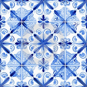 Geometric and floral azulejo tile pattern on vintage portuguese or spanish wall tiles