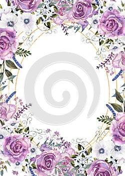 Geometric floral frame with purple roses and anemones in a glass vase on a white isolated background. Hand-drawn