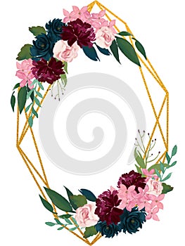 Geometric floral label golden frame border lavel arranged from leaves and botanical blooming